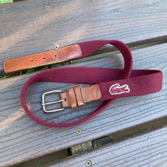 Lacoste Vintage Crocodile Logo Fabric Leather Trim Burgundy Skinny Belt Size 36 - Picture 1 of 6